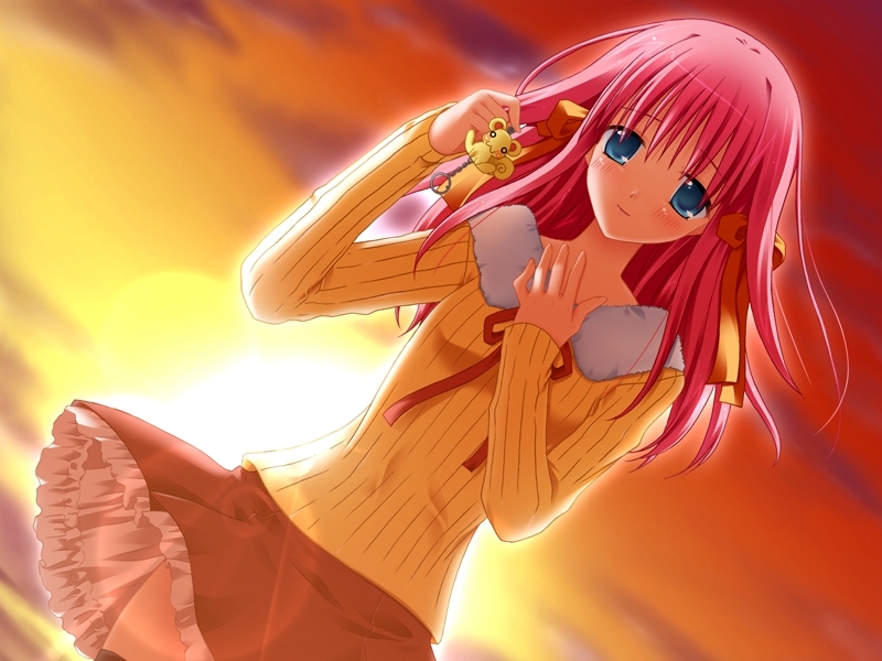 blush, cellphone_strap, fujisawa_hinako, game_cg, keychain, ojousama_kumikyoku, outdoors, pink_hair