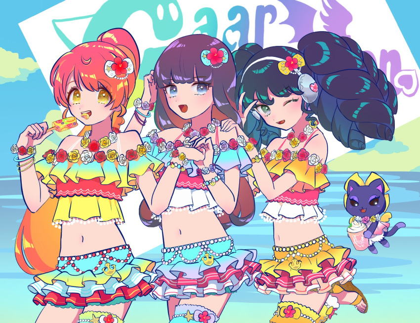 3girls, black_eyes, black_hair, blue_eyes, blush, bracelet, brown_hair, commentary, cowboy_shot, eating, fangs, flower, food, gankake_(misary), garuru_(pripara), hands_on_another's_shoulders, headphones, highres, holding, holding_food, holding_hands, jewelry, kurosu_aroma, long_hair, looking_at_viewer, multiple_girls, navel, neko_(pripara), ocean, one_eye_closed, open_mouth, popsicle, pripara, redhead, round_teeth, sandals, shiratama_mikan, smile, standing, standing_on_one_leg, swimsuit, teeth, twintails, v, yellow_eyes