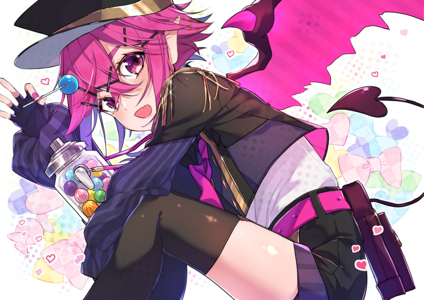 1girl, absurdres, belt, black_legwear, black_shorts, candy, commentary_request, demon_tail