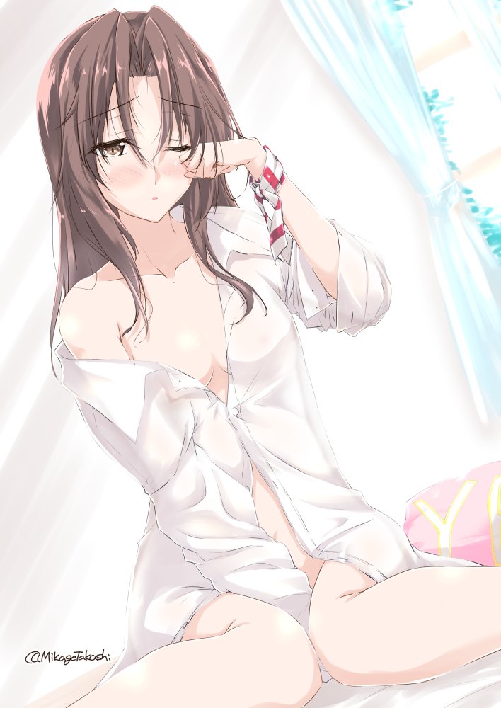 1girl, alternate_costume, alternate_hairstyle, brown_eyes, brown_hair, commentary_request, curtains, dress_shirt