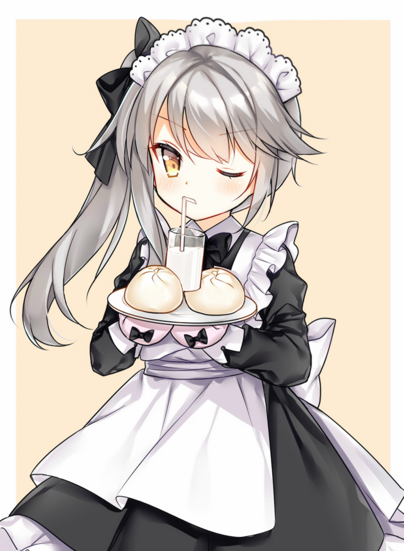 1girl, alternate_costume, apron, bangs, baozi, black_bow, black_dress, blush
