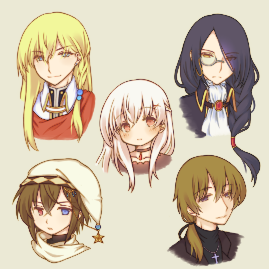1girl, 4boys, bangs, black_choker, black_jacket, black_shirt, blue_hair, blush