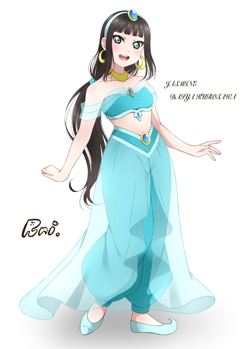 1girl, 87025_runi, absurdres, aladdin_(disney), arabian_clothes, ascii_media_works, black_hair, bushiroad, cosplay, disney, earrings, english_text, hairband, highres, jasmine_(disney), jasmine_(disney)_(cosplay), jewelry, kurosawa_dia, love_live!, love_live!_sunshine!!, necklace, pants, ponytail, signature, skirt, strapless, sunrise_(studio), tokyo_mx, tubetop, white_background