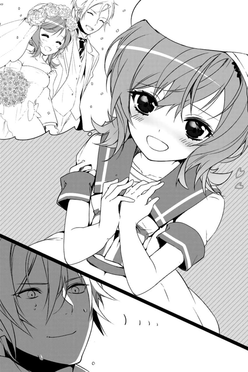 1boy, 1girl, :d, akatsuki_kojou, blush, bouquet, bridal_veil, closed_eyes