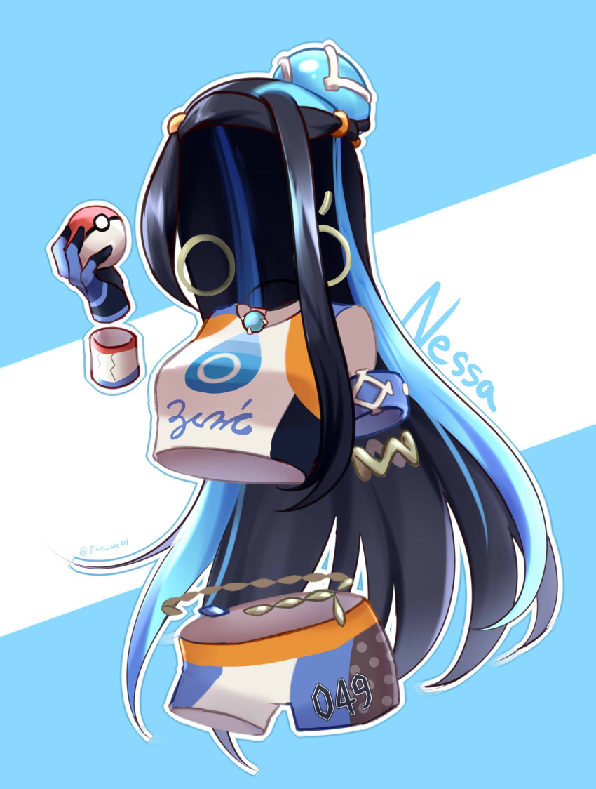 1girl, absurdres, black_hair, blue_background, blue_gloves, blue_hair, character_name, commentary, crop_top, earrings, english_commentary, ewewe01, gloves, gym_leader, hand_up, highres, holding, holding_poke_ball, hoop_earrings, invisible, jewelry, long_hair, multicolored_hair, outline, pendant, poke_ball, pokemon, pokemon_(game), pokemon_swsh, rurina_(pokemon), short_shorts, shorts, simple_background, single_glove, solo, streaked_hair, twitter_username, two-tone_background, two-tone_hair, very_long_hair, white_background, white_outline, wristband