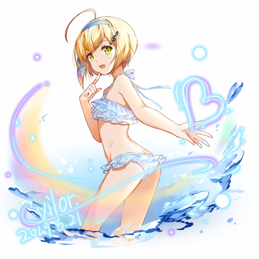 1girl, :d, ahoge, alternate_costume, artist_name, ass, azur_lane, bare_arms