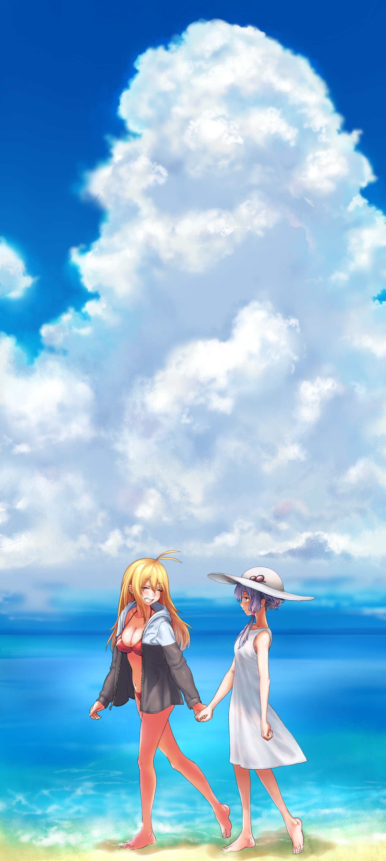 2girls, absurdres, ahoge, beach, bikini, blonde_hair, blue_sky, blush