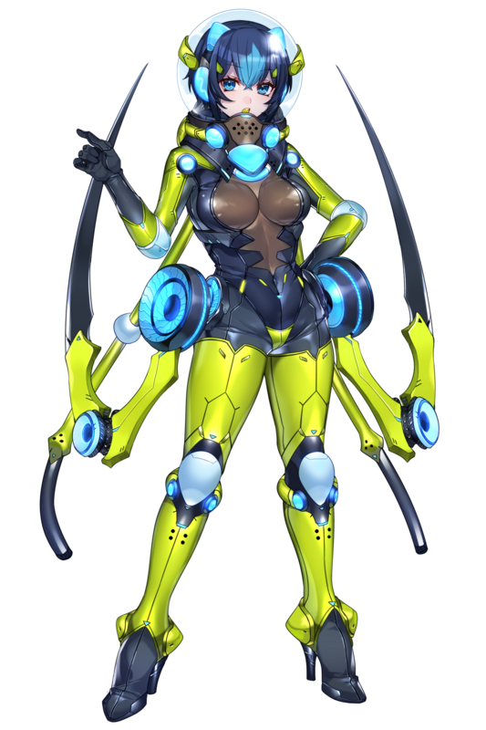 1girl, araquanid, armor, blue_hair, bodysuit, dark_blue_hair, diving_helmet, earphones