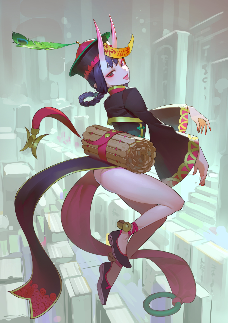 1girl, ankle_bell, ass, bell, black_dress, black_footwear, bob_cut, china_dress, chinese_clothes, dress, eyeshadow, fate/grand_order, fate_(series), full_body, highres, jiangshi, jingle_bell, long_sleeves, makeup, no_panties, ofuda, oni, oni_horns, outstretched_arms, peacock_feathers, pelvic_curtain, purple_hair, short_eyebrows, short_hair, shuten_douji_(fate/grand_order), solo, tim_loechner, tongue, tongue_out, violet_eyes, wide_sleeves, zombie_pose