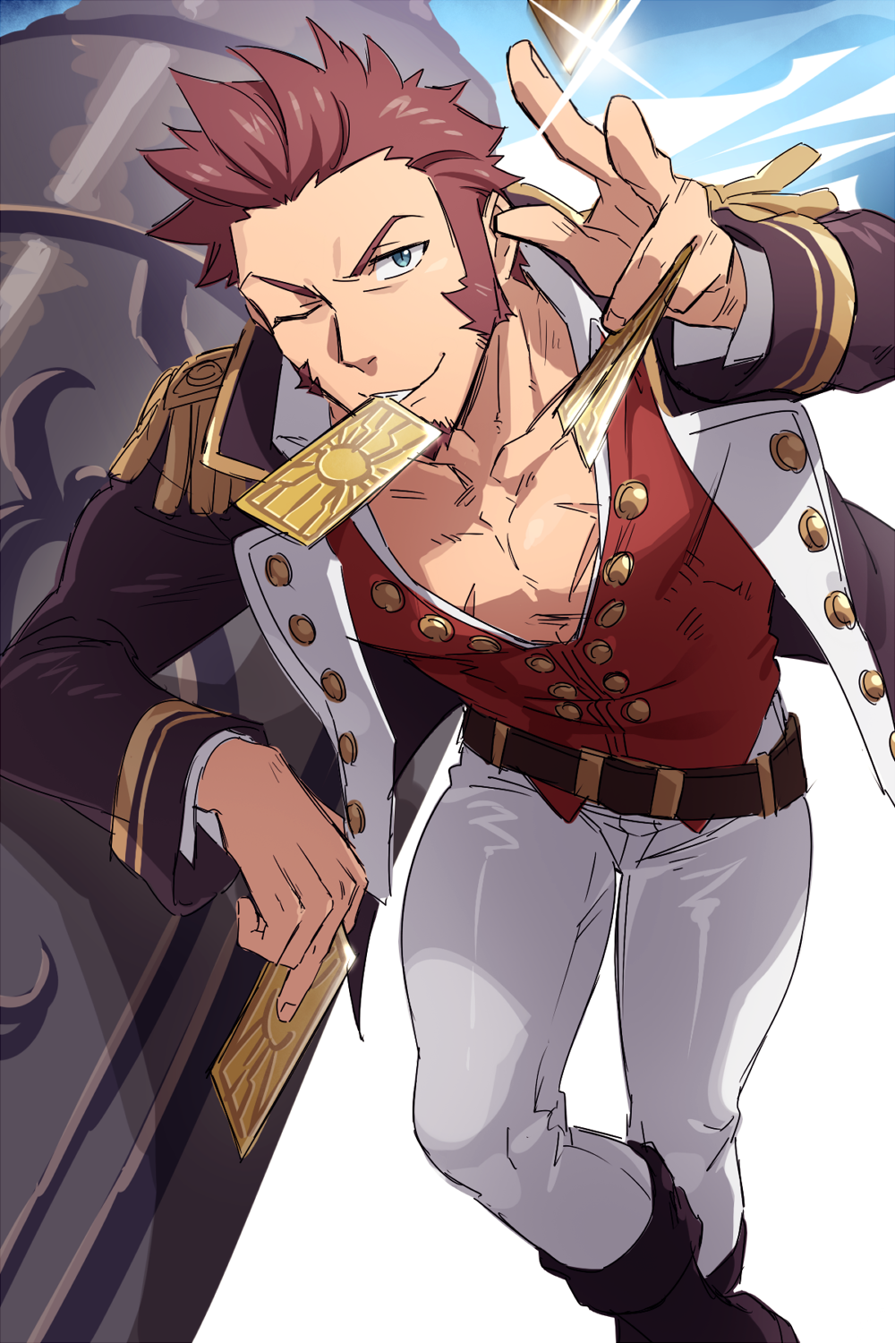 1boy, beard, blue_eyes, brown_hair, chest, commentary_request, epaulettes, facial_hair, fate/grand_order, fate_(series), highres, long_sleeves, looking_at_viewer, male_focus, napoleon_bonaparte_(fate/grand_order), open_clothes, pants, pectorals, ryanpei, scar, simple_background, summon_ticket, thighs, weapon, white_background