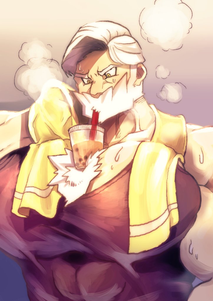 1boy, beard, black_shirt, bubble_tea, bubble_tea_challenge, chest_hair, cup, disposable_cup
