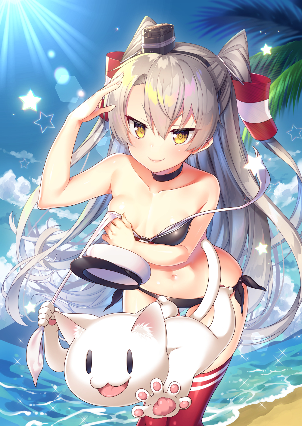 >:), 1girl, amatsukaze_(kantai_collection), animal, arm_up, bangs, bare_back, bare_shoulders
