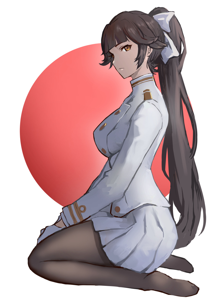 1girl, absurdres, animal_ears, azur_lane, barefoot, black_hair, black_legwear, bow, breasts, brown_eyes, brown_hair, dog_ears, hair_bow, hair_ears, hair_flaps, hands_on_lap, highres, homomomomon, kneeling, large_breasts, long_hair, military, military_uniform, miniskirt, pantyhose, pleated_skirt, ponytail, red_circle, skirt, solo, takao_(azur_lane), uniform, white_background