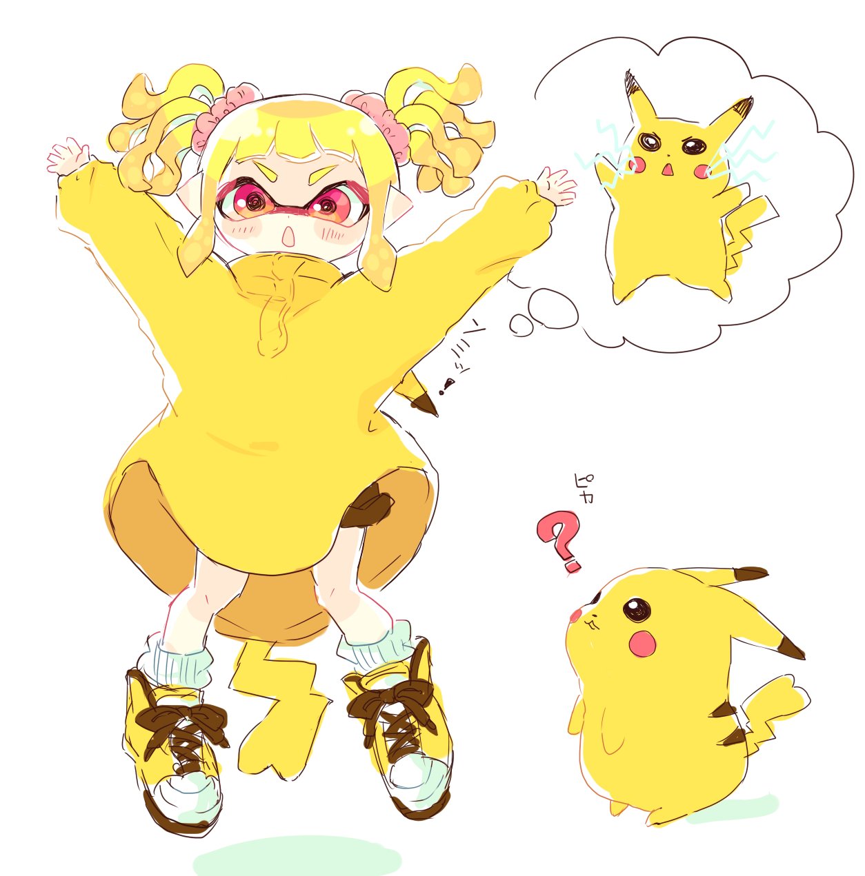 1girl, 1other, ?, arms_up, bangs, black_shorts, blunt_bangs, blush