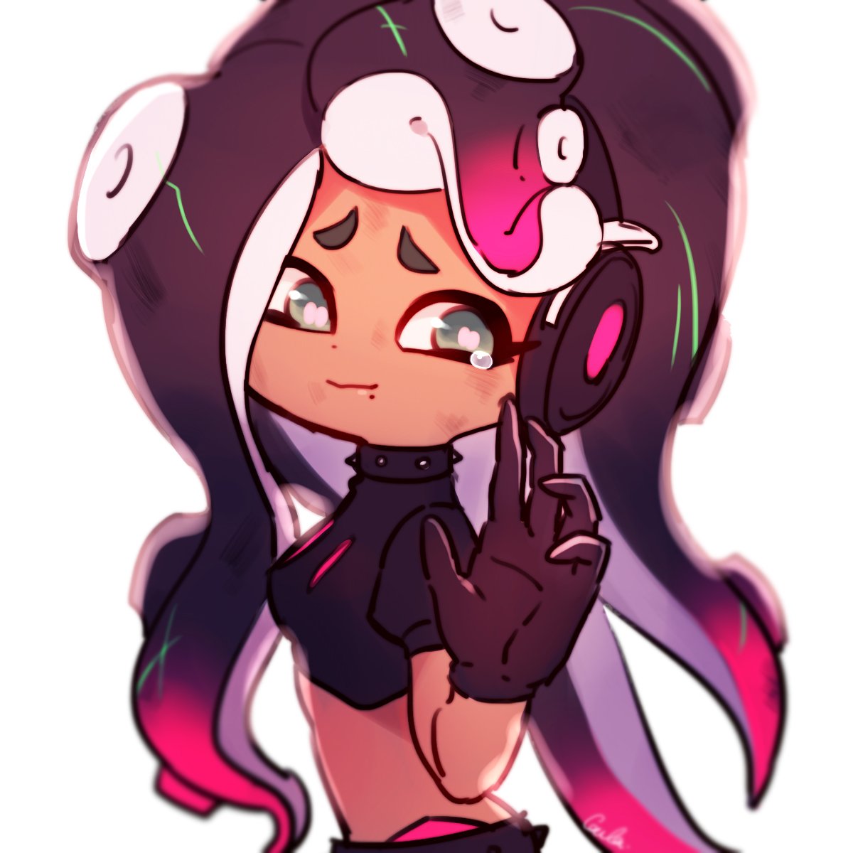 1girl, artist_name, black_collar, black_gloves, black_hair, black_shirt, black_shorts, callie_(splatoon)_(cosplay)