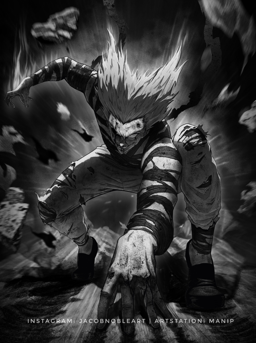 1boy, absurdres, artist_name, black_footwear, blank_eyes, blood, fighting_stance, garou_(one-punch_man)