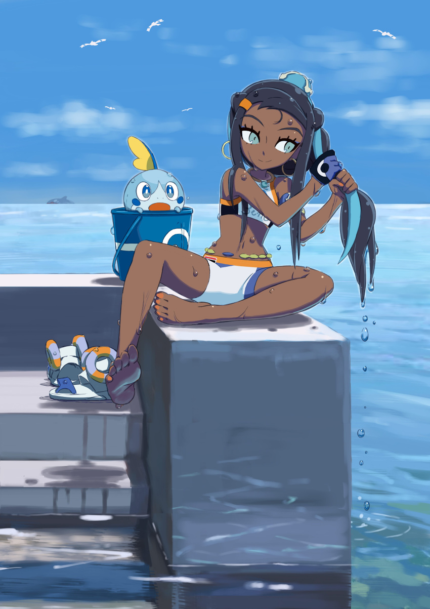 1girl, absurdres, barefoot, black_hair, blue_eyes, bucket, clouds, dark_skin