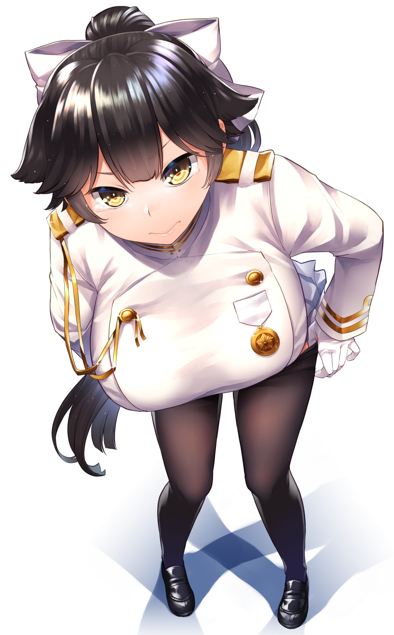 1girl, aaru_(tenrake_chaya), azur_lane, bangs, bent_over, black_hair, black_legwear, bow