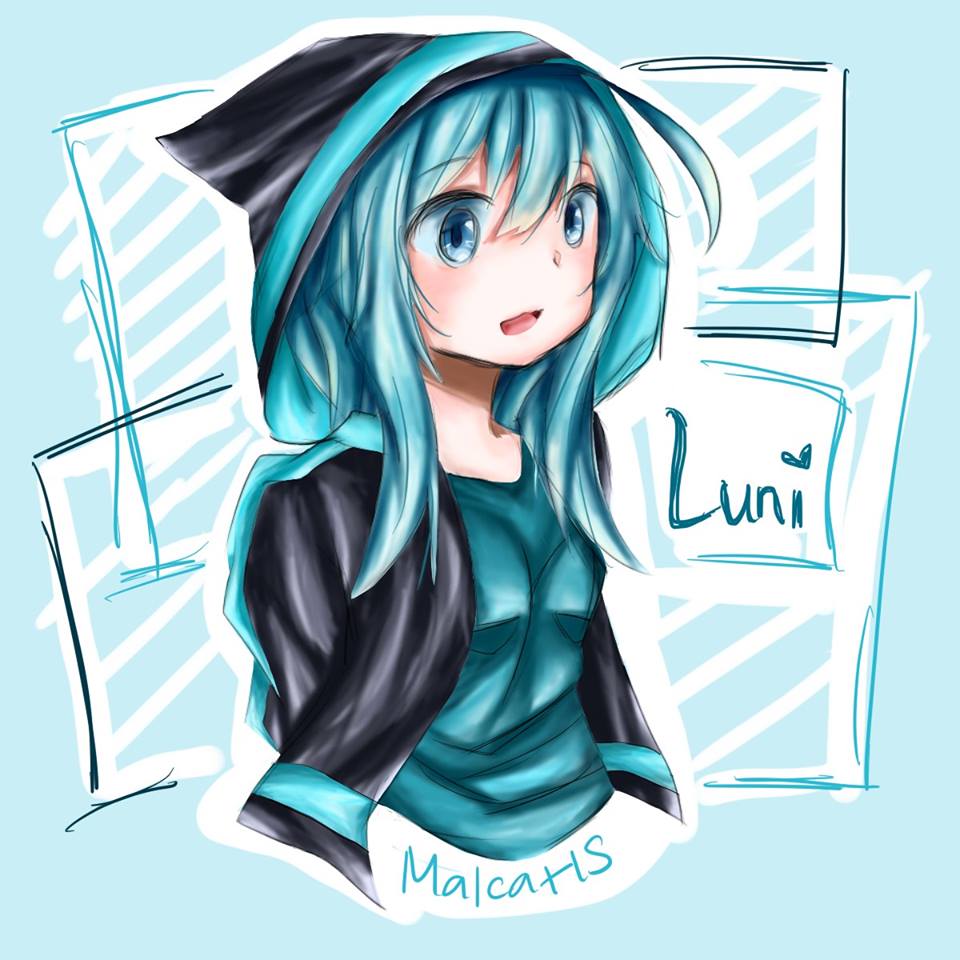 1girl, blue_eyes, blue_hair, character_name, cropped_torso, gachaworld, hood, hood_up