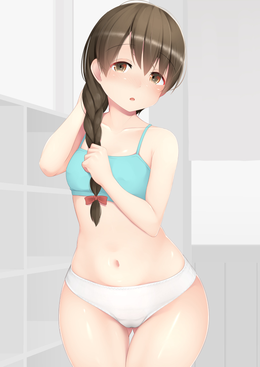 1girl, ass_visible_through_thighs, bathroom, blue_bra, blush, bow, bra, breasts, brown_eyes, brown_hair, eyebrows_visible_through_hair, hair_between_eyes, hair_bow, kantai_collection, navel, ne_an_ito, open_mouth, panties, red_bow, small_breasts, solo, thighs, underwear, uranami_(kantai_collection), white_panties