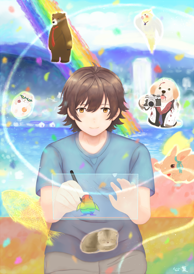 1boy, animalization, aoi_yuito, aqua_ribbon, bear, bird, blue_neckwear, blue_shirt