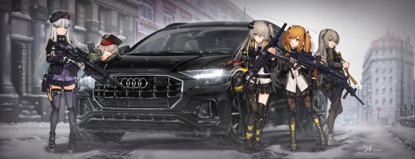 404_(girls_frontline), 5girls, absurdres, assault_rifle, asymmetrical_legwear, audi, audi_quattro, baek_hyang, beret, boots, brown_hair, car, city, g11_(girls_frontline), girls_frontline, grey_hair, ground_vehicle, gun, h&amp;k_g11, h&amp;k_hk416, hat, highres, hk416_(girls_frontline), mod3_(girls_frontline), motor_vehicle, multiple_girls, pantyhose, rifle, scar, scar_across_eye, shoes, siblings, signature, silver_hair, sisters, skirt, sneakers, snow, snowing, thigh-highs, twins, twintails, ump40_(girls_frontline), ump45_(girls_frontline), ump9_(girls_frontline), weapon