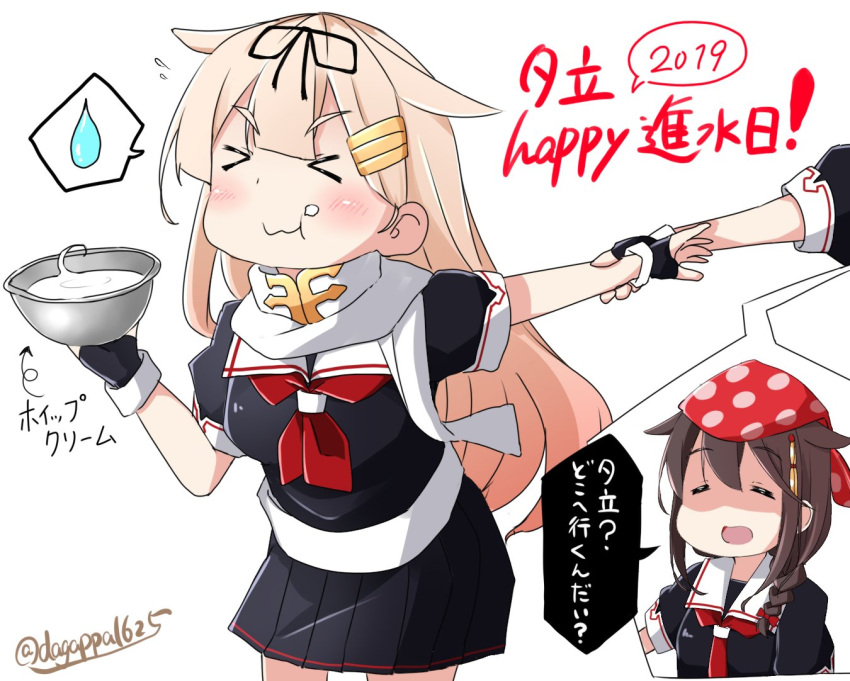2019, 2girls, ahoge, bandana, black_ribbon, black_serafuku, blonde_hair, braid