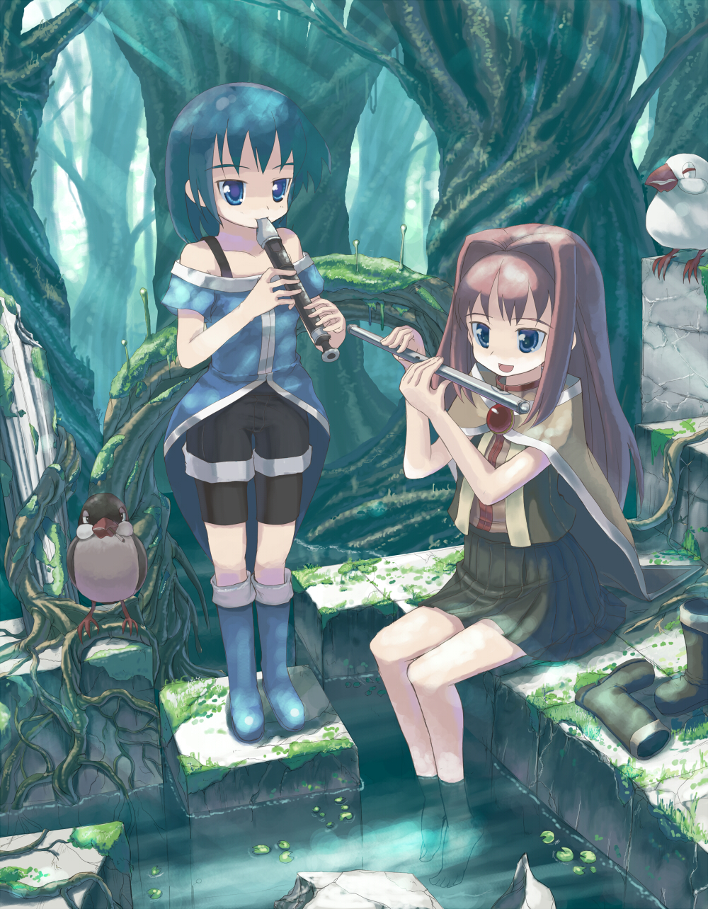 barefoot, bird, birds, blue_eyes, blue_hair, boots, cape, cigarette