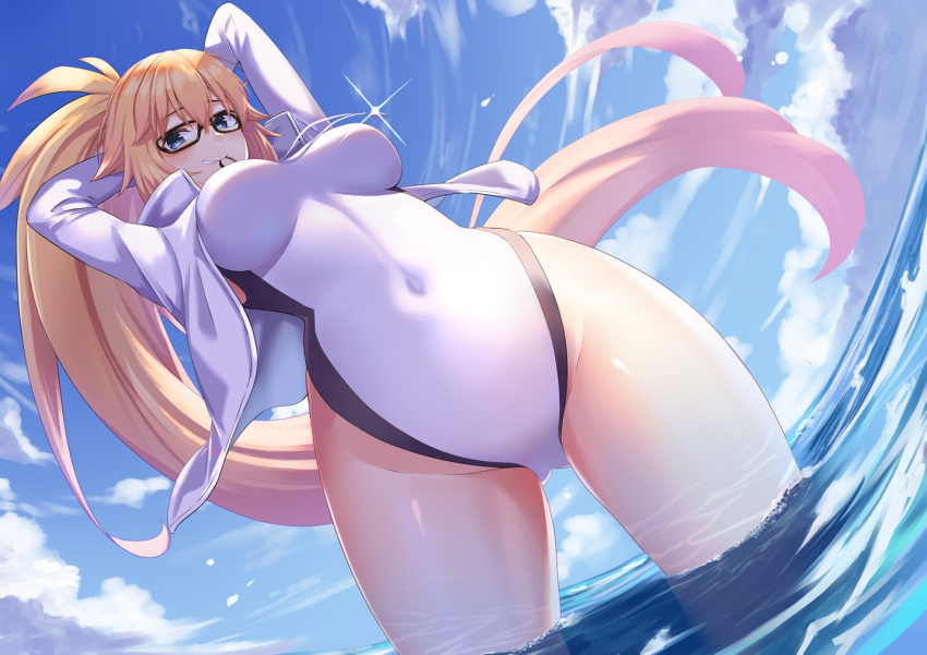 1girl, ahoge, arms_up, bangs, black-framed_eyewear, blonde_hair, blue_sky, blush