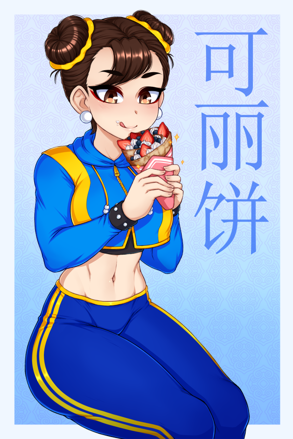 alternate_costume, black_hair, blue_pants, blue_shirt, blueberry, bracelet, breasts, chun-li