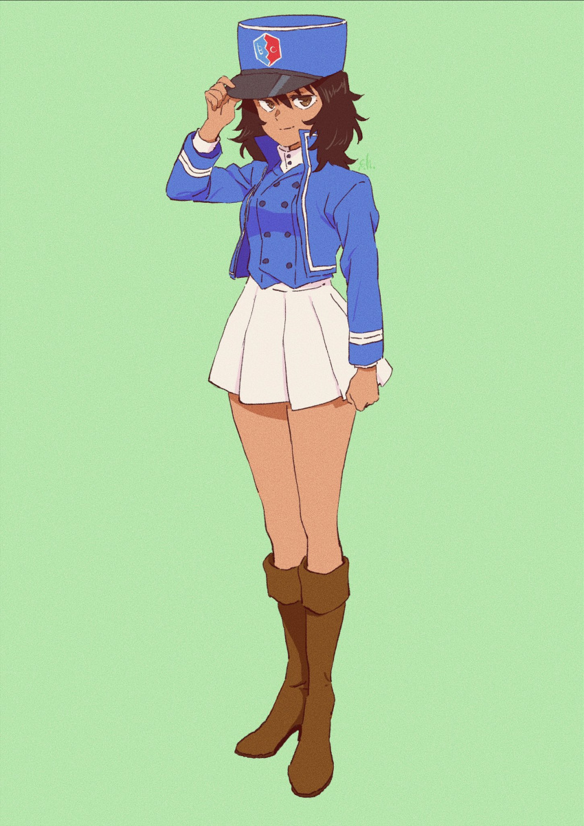 1girl, andou_(girls_und_panzer), bangs, bc_freedom_(emblem), bc_freedom_military_uniform, black_hair, blue_jacket, blue_vest
