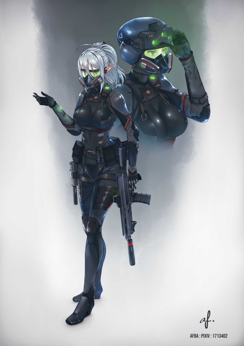1girl, absurdres, afba, ahoge, artist_name, assault_rifle, belt, bodysuit