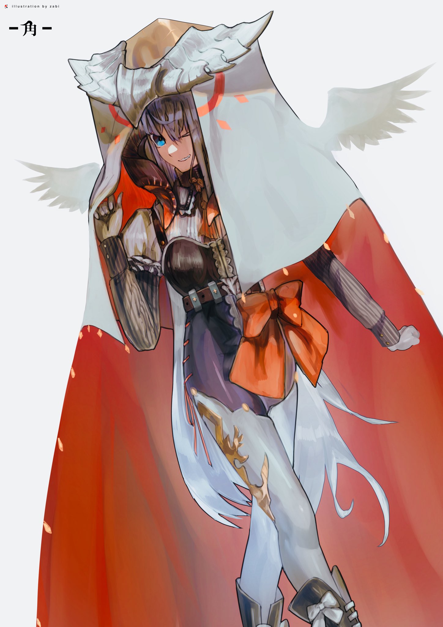 1girl, ankle_boots, ankle_ribbon, artist_name, bangs, belt, blue_eyes, boots