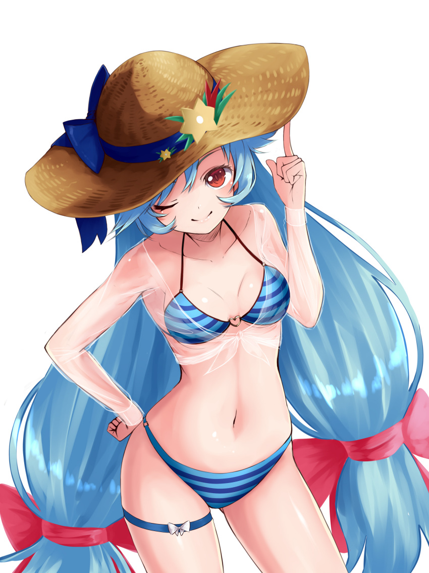 1girl, absurdres, ass_visible_through_thighs, bikini, blue_ribbon, breasts, character_request, contrapposto