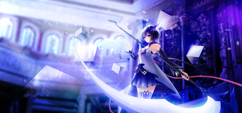 1girl, absurdres, blue_eyes, blue_hair, blue_skirt, blue_theme, breasts, cube