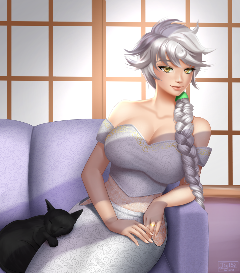 1girl, black_cat, braid, cat, couch, jay156, jewelry, kantai_collection