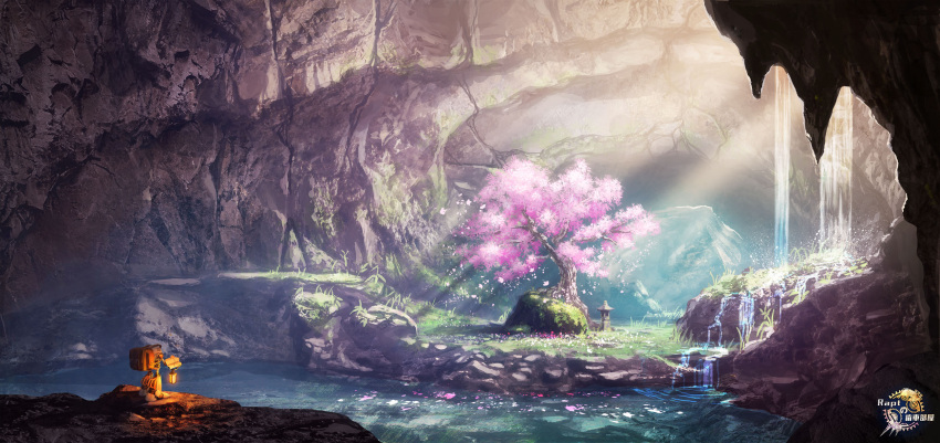 artist_name, cave, cherry_blossoms, fantasy, flower, grass, highres, light_rays