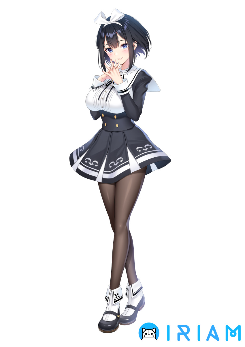 1girl, absurdres, bangs, black_footwear, black_hair, blue_eyes, blush, bow