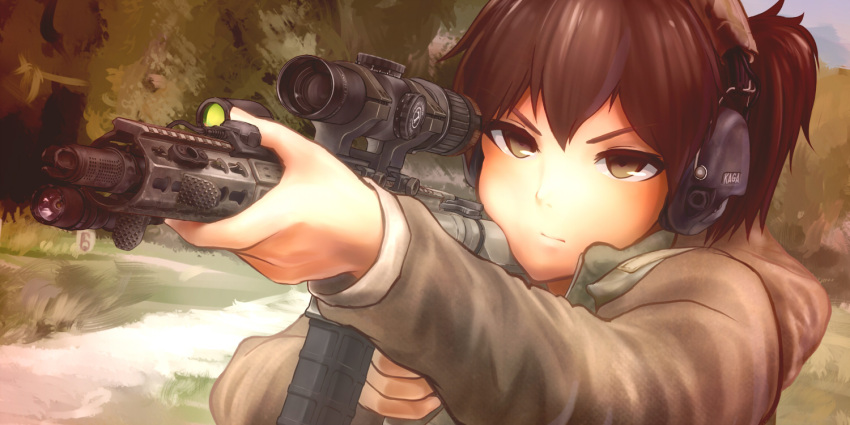 1girl, aiming, alternate_costume, ar-15, assault_rifle, brown_eyes, brown_hair, camouflage, chris_costa, ear_protection, flashlight, genso, gun, headset, kaga_(kantai_collection), kantai_collection, leupold_optics, magpul, military_operator, parody, real_life, rifle, scope, short_hair, side_ponytail, solo, weapon
