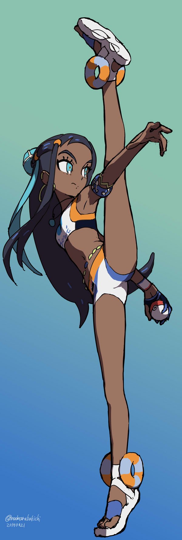 arm_strap, armlet, armpits, belly_chain, bike_shorts, black_hair, blue_background, blue_eyes, blue_gloves, blue_hair, breasts, closed_mouth, commentary, crop_top, dark_skin, dated, earrings, full_body, gloves, gradient, gradient_background, hair_bun, hair_ornament, hairclip, highres, holding, holding_poke_ball, hoop_earrings, innertube, jewelry, long_hair, mixed-language_commentary, multicolored_hair, nadeara_bukichi, navel, necklace, outstretched_arm, partly_fingerless_gloves, poke_ball, poke_ball_(generic), pokemon, pokemon_(game), pokemon_swsh, rurina_(pokemon), sandals, serious, single_glove, sketch, small_breasts, split, standing, standing_on_one_leg, standing_split, sweatband, thick_eyebrows, twitter_username, two-tone_hair, v-shaped_eyebrows, white_footwear