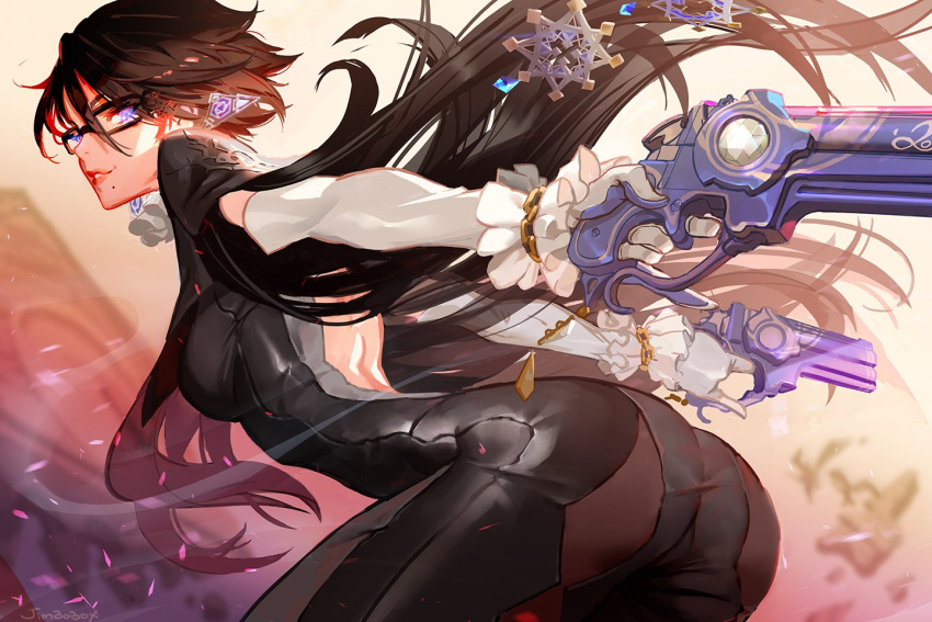 1girl, alternate_hair_length, alternate_hairstyle, amulet, ankle_gun, ass, bayonetta, bayonetta_(character)