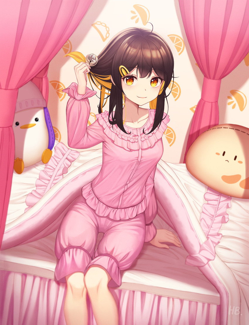 1girl, adjusting_hair, ahoge, arm_support, arm_up, artist_name, bed, bell