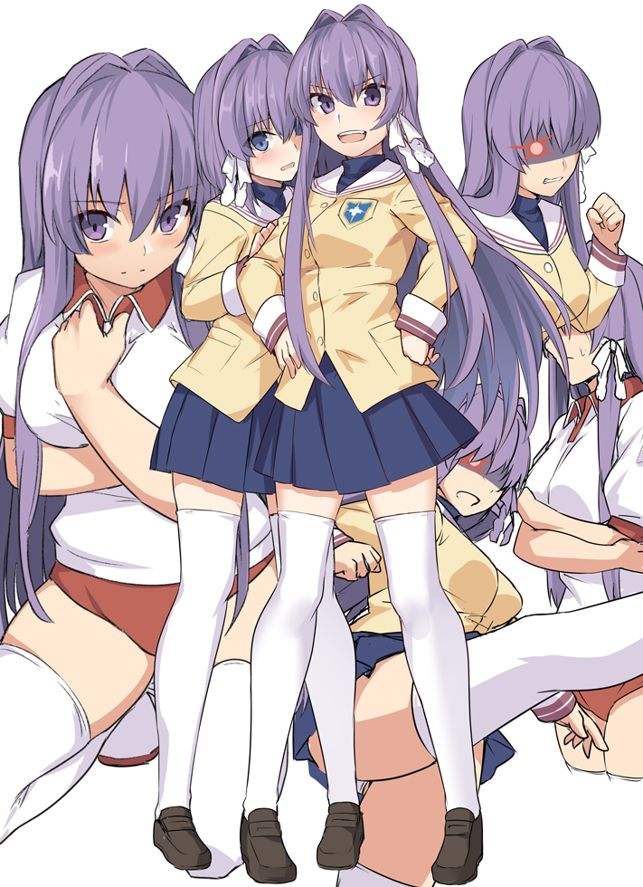 2girls, blue_eyes, blush, breasts, buruma, clannad, commentary_request, cropped_legs