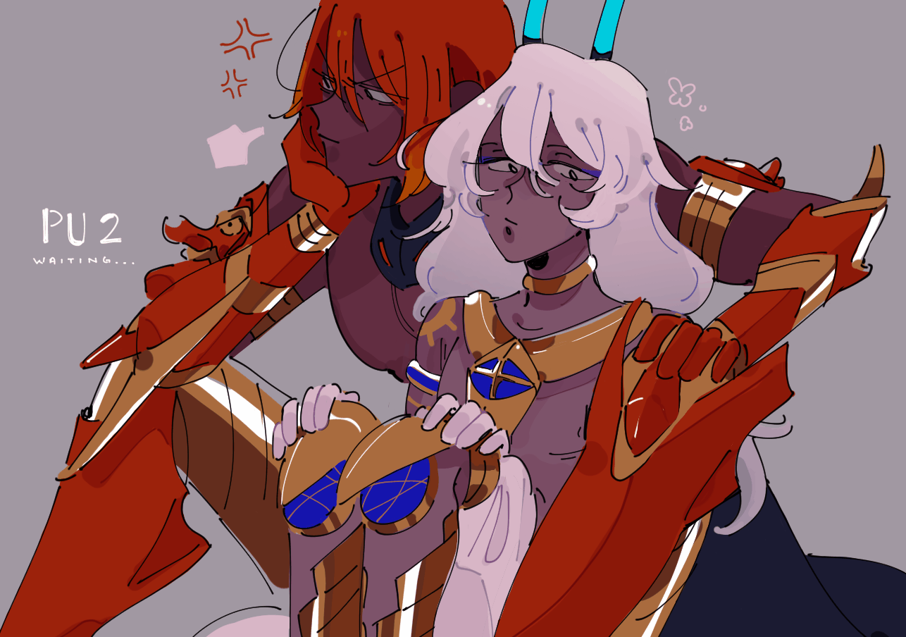 2boys, angry, arjuna_(berserker)_(fate), ashwatthama_(fate/grand_order), chin_rest, choker, closed_mouth, dark_skin