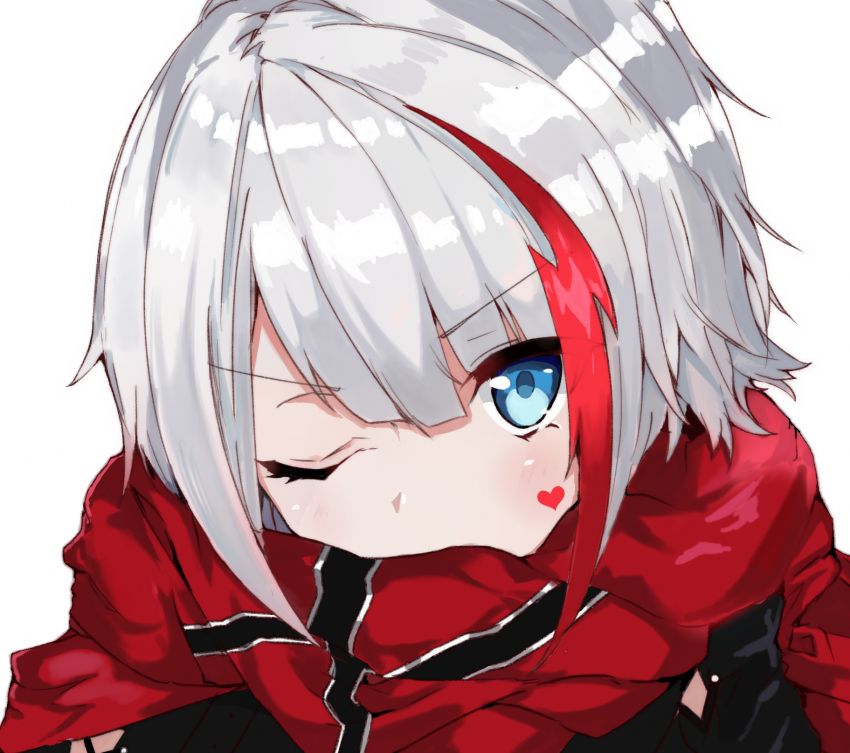 1girl, admiral_graf_spee_(azur_lane), azur_lane, blue_eyes, blush, eyebrows_visible_through_hair, grey_hair, heart, lancer_(worudrleh1), looking_at_viewer, multicolored_hair, one_eye_closed, red_neckwear, redhead, shirt, simple_background, solo, streaked_hair, upper_body, white_background