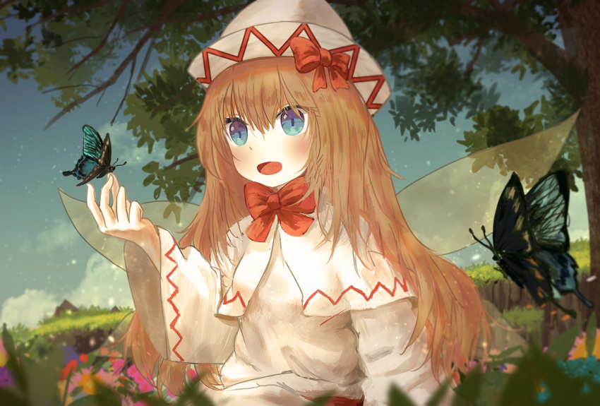 1girl, arm_up, blonde_hair, blue_eyes, blue_sky, blurry, bow, bowtie