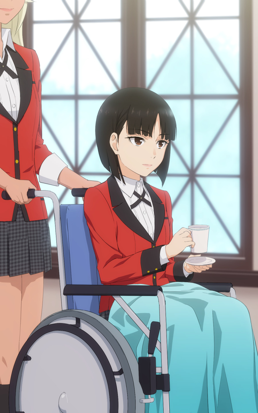 2girls, black_hair, black_legwear, blanket, blonde_hair, brown_eyes, cup, dark_skin