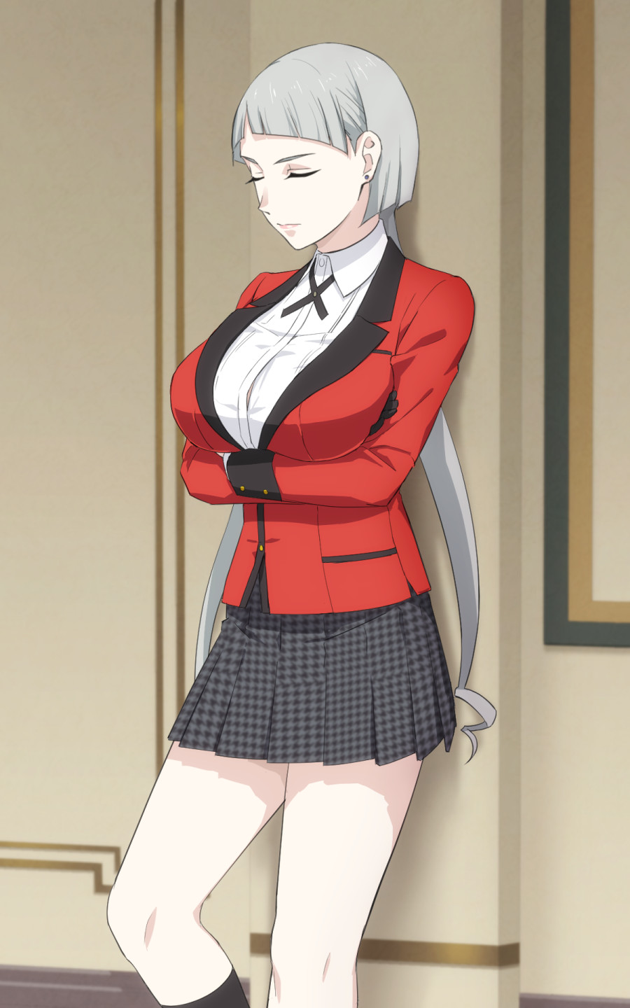 1girl, against_wall, bangs, black_legwear, black_skirt, blunt_bangs, breast_hold, breasts