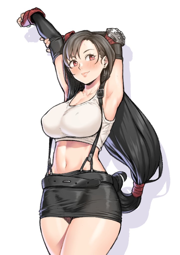 1girl, _lockhart, armpits, arms_up, bare_shoulders, black_skirt, breasts, commentary_request, earrings, elbow_gloves, elbow_pads, final_fantasy, final_fantasy_vii, fingerless_gloves, gloves, hippopotamuso, jewelry, large_breasts, long_hair, low-tied_long_hair, midriff, miniskirt, navel, pencil_skirt, shirt, skirt, stretch, suspender_skirt, suspenders, tank_top, taut_clothes, taut_shirt, thighs