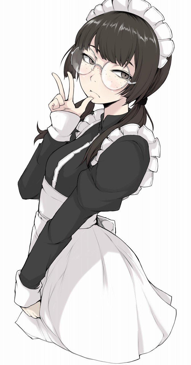 1girl, brown_eyes, brown_hair, closed_mouth, eyebrows, freckles, glasses, highres, ina_(gokihoihoi), long_hair, long_sleeves, looking_at_viewer, low_twintails, maid, maid_headdress, origial, original, simple_background, solo, twintails, v, white_background